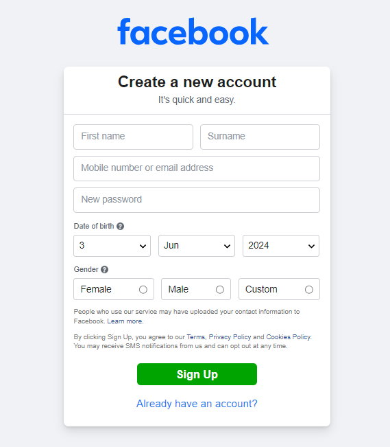  Create a Facebook Account Interface